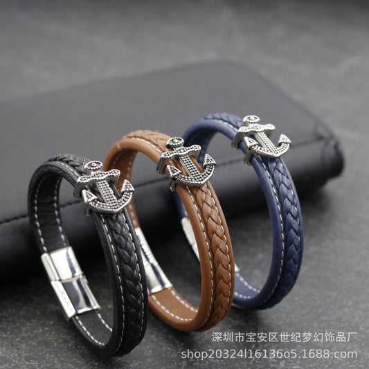 Bracelet Stainless Steel Vintage Anchor Braided Leather Cord SJMH007