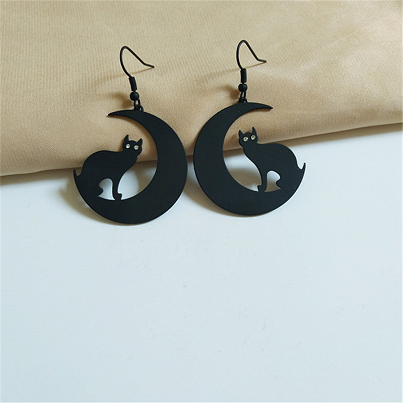 Earrings Alloy Black Cat Moon Vintage aimei009