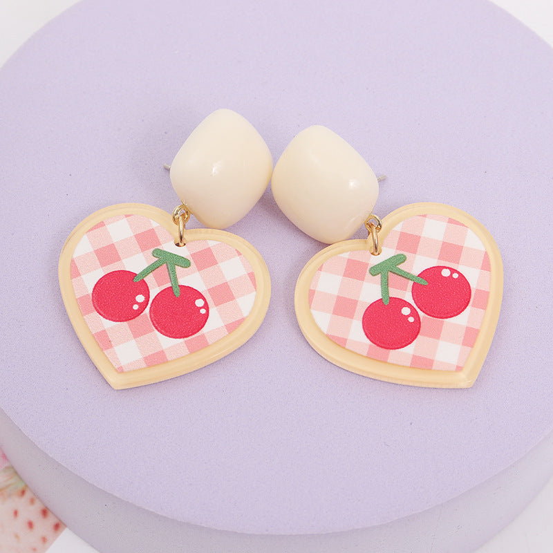 Acrylic Heart Cherry Flower Stud Earrings MIC-ABL004