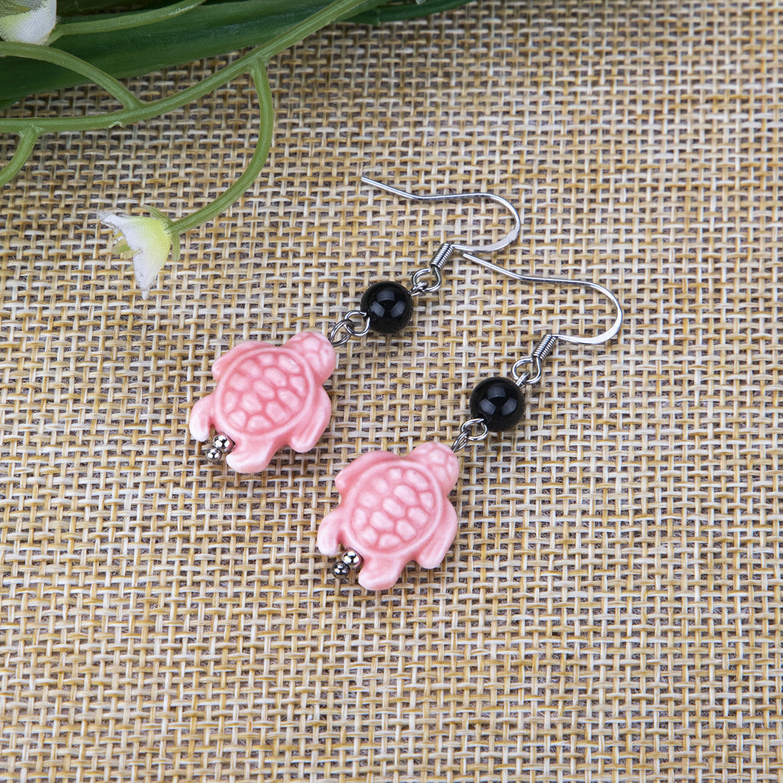 Earrings Black Onyx Ceramic Animal Turtle Stainless Steel YinW001