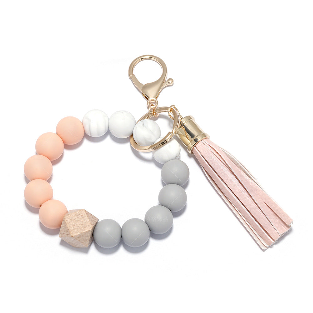 Silicone Beaded PU Leather Tassel Wristlet Keychain MIC-ZiGe001