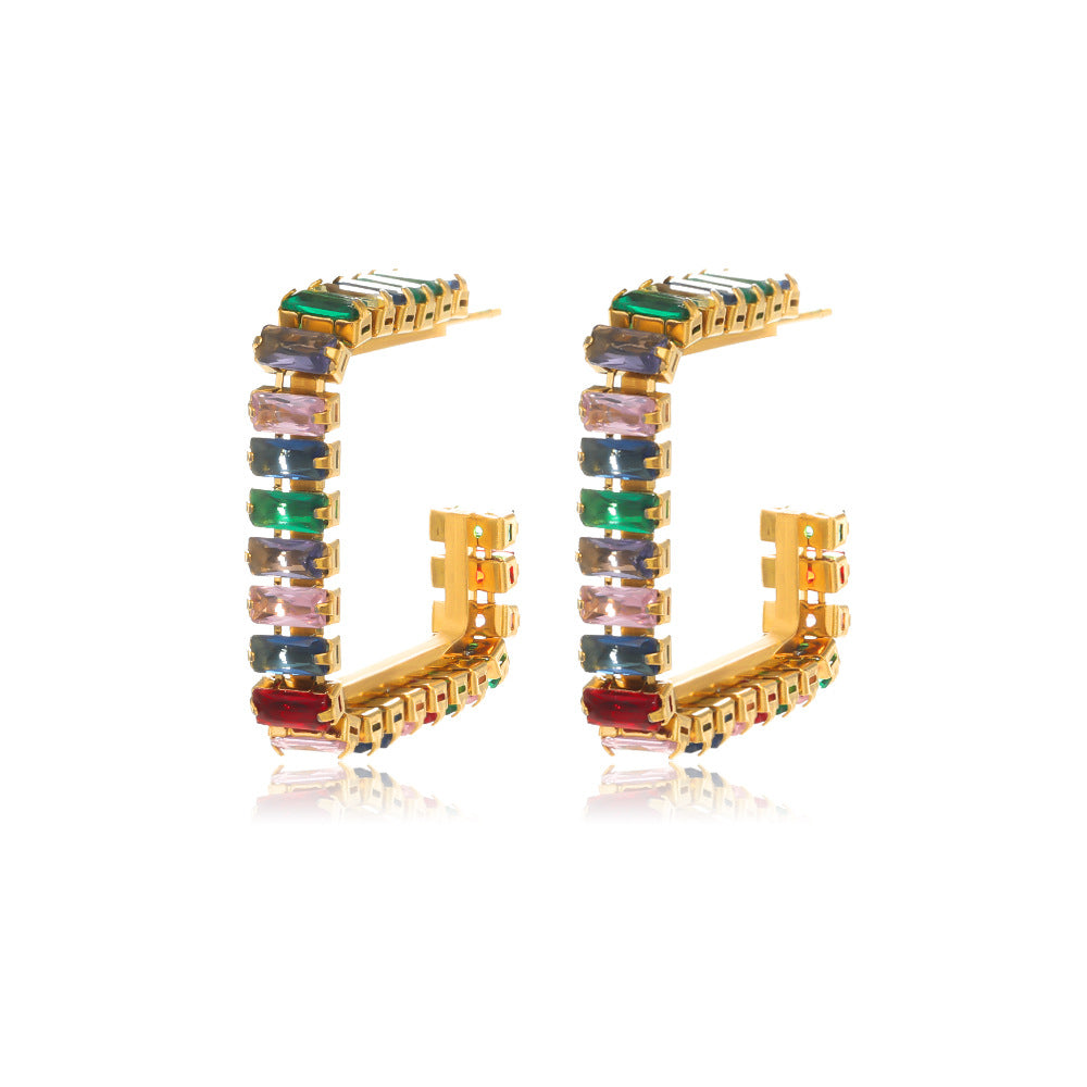 Stainless steel colored diamond inlaid earrings （Minimo de compra 2） MIC-ChenH006