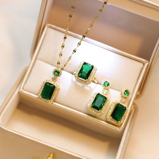 Necklace Stainless Steel Emerald Ring Earrings Set MingYuan006