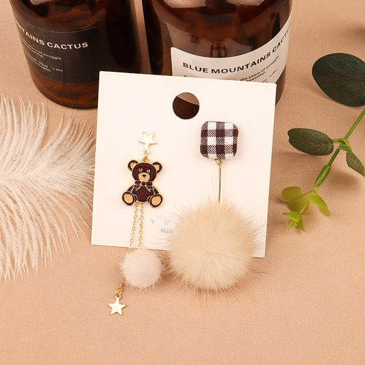 Alloy Asymmetric Grid Bear Hair Ball Earrings MYA-LSY016