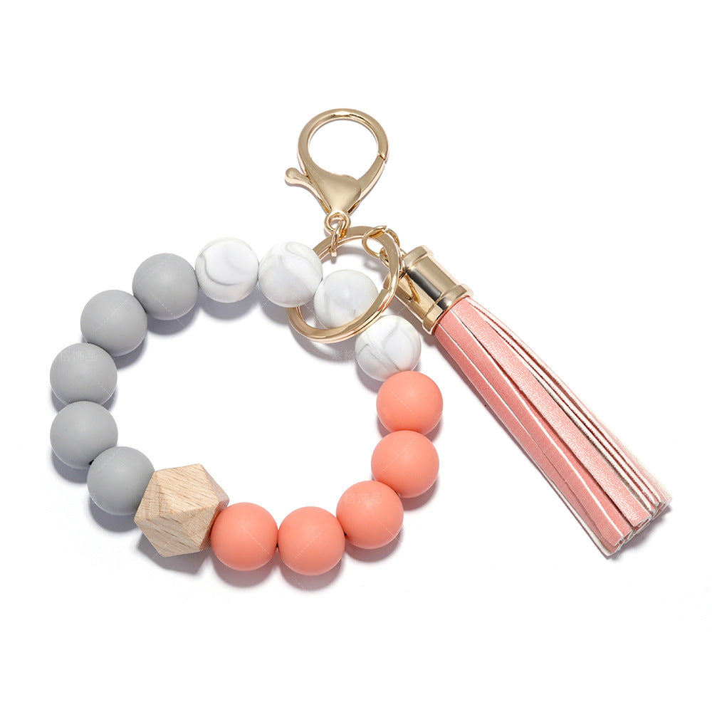 Silicone Beaded PU Leather Tassel Wristlet Keychain MIC-ZiGe001