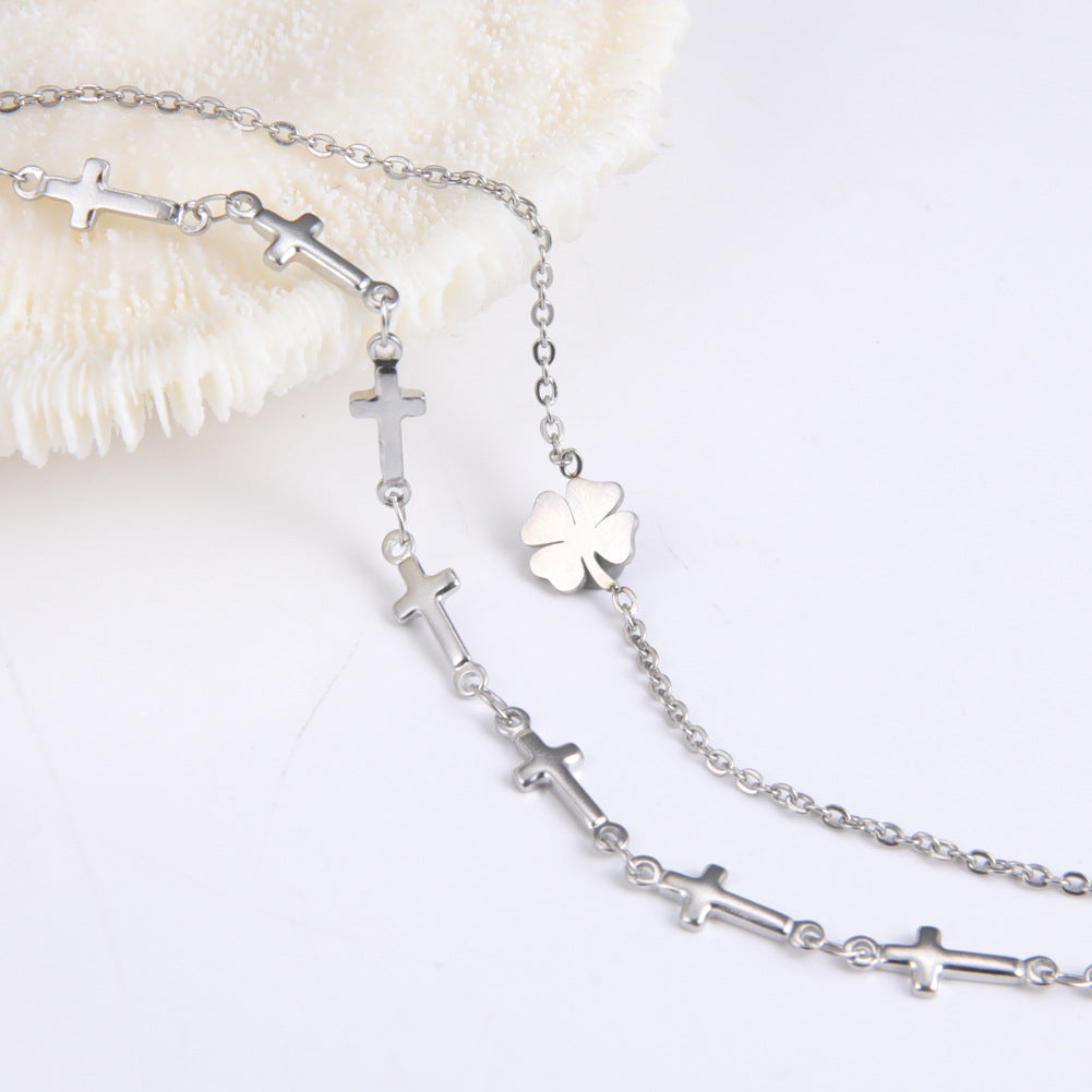 Bracelet Stainless Steel Clover and Cross Chain Double Layer QiJu010