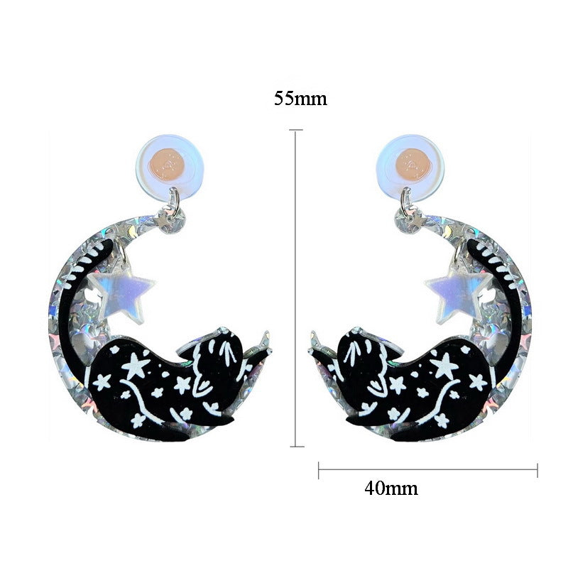 Acrylic Funny Moon Black Cat Earrings MYA-XueP174