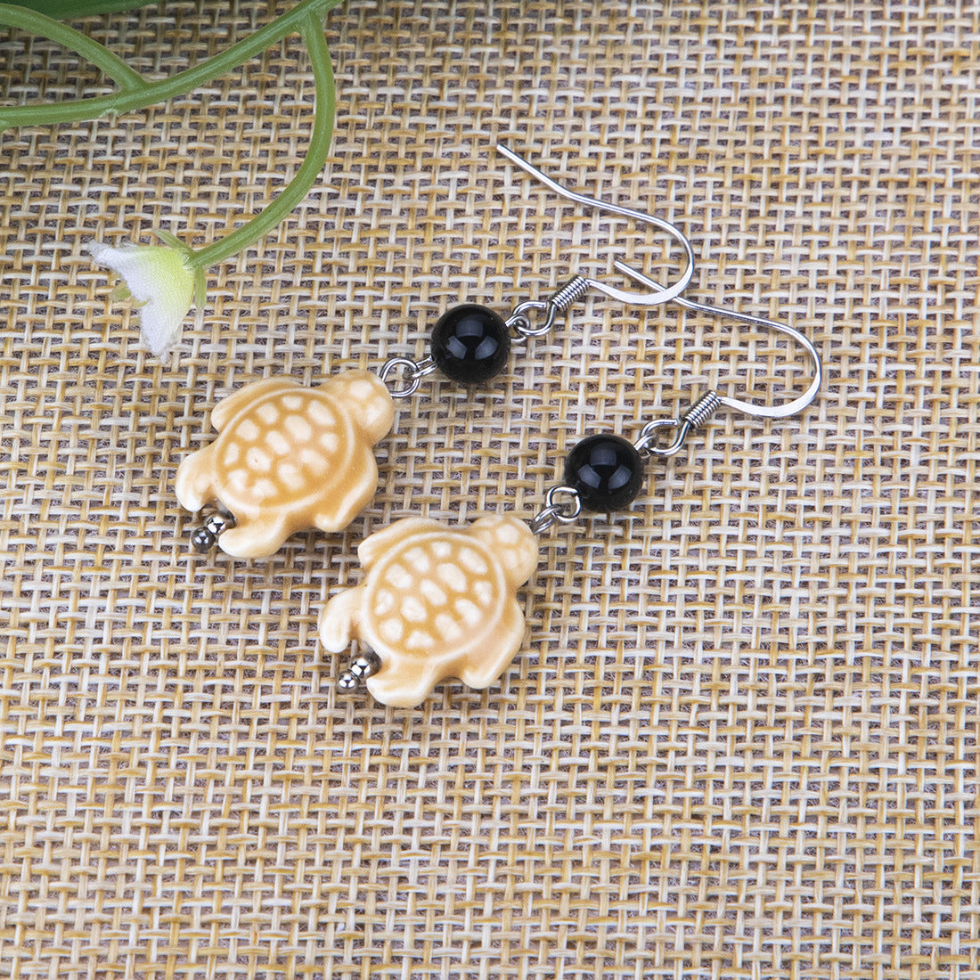 Earrings Black Onyx Ceramic Animal Turtle Stainless Steel YinW001