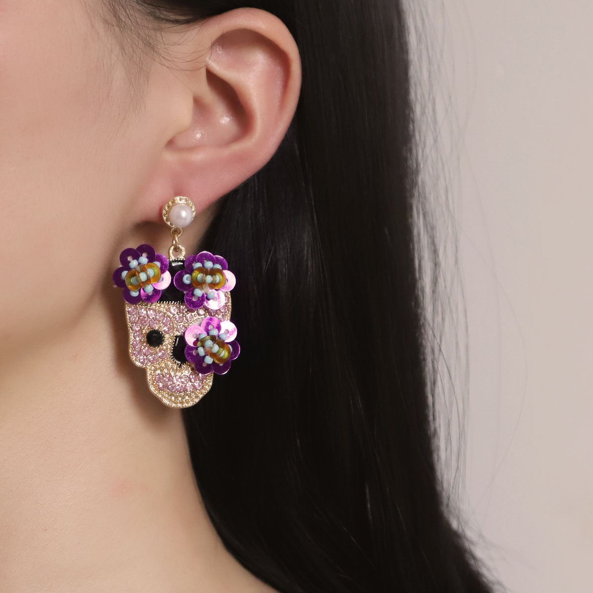 Alloy shiny floral skull earrings MIC-YueL026