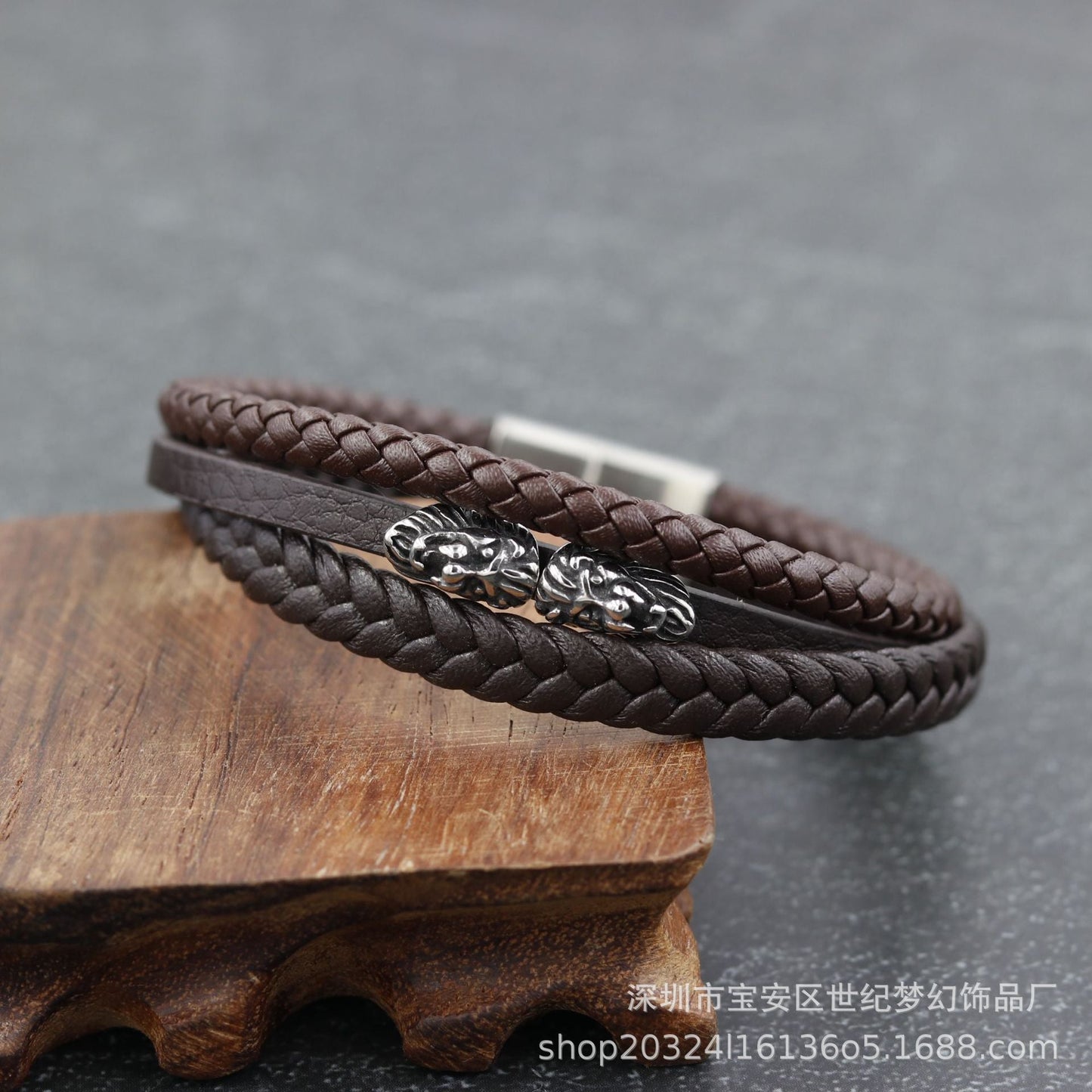 Bracelet Stainless Steel Multilayer Lion Head Braided Leather Cord SJMH002