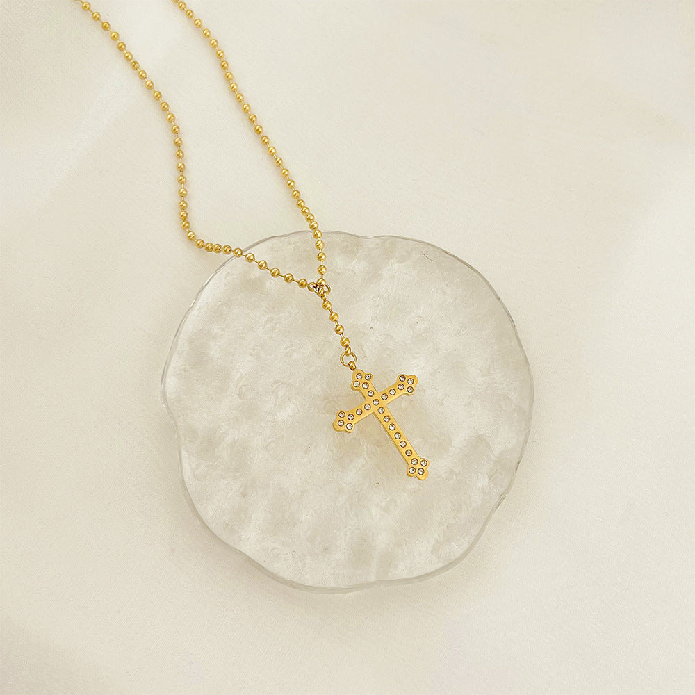 Stainless Steel Gold Plated Cross Diamond Clavicle Necklace