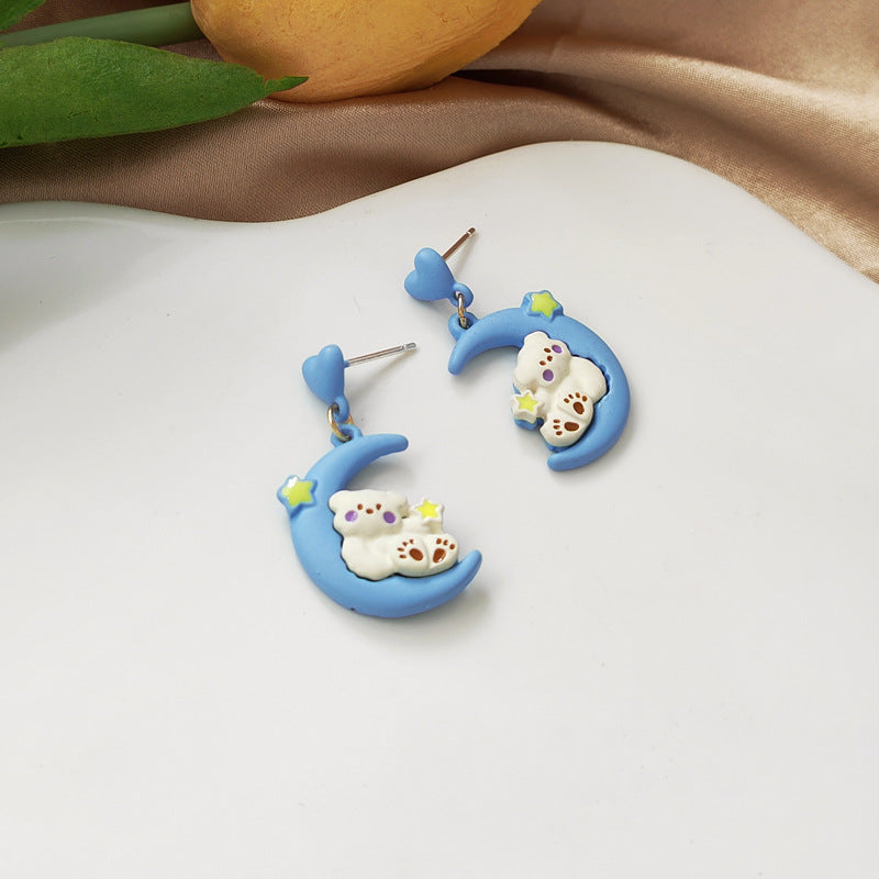 Alloy Blue Love Moon Bear Earrings MIC-BLD033