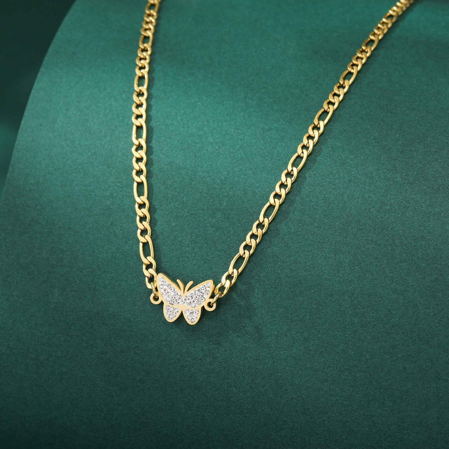 Stainless Steel Gold Plated Diamond Butterfly Clavicle Necklace