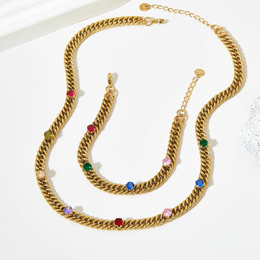 Cuban Inlaid Colored Zircon Stainless Steel Gold Plated Necklace