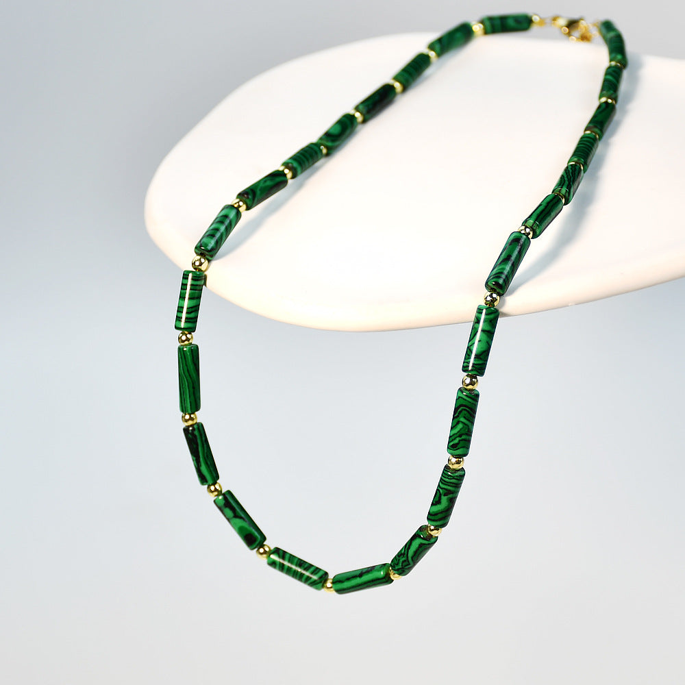 Necklace Malachite Vintage Handmade Beaded Stainless Steel Clavicle Chain YouF013