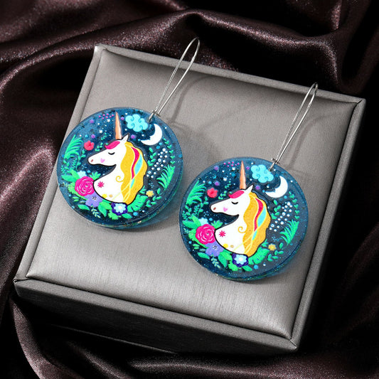 Alloy Round Unicorn Earrings (Minimo de Compra 3) MIC-JueJ017