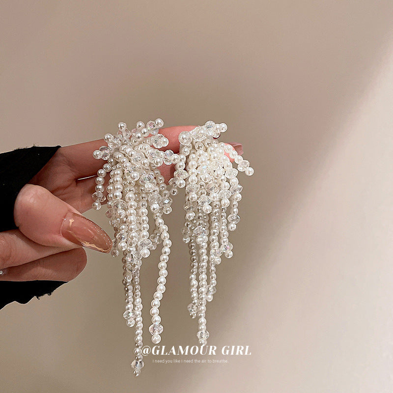 Silver Post Crystal Pearl Flower Tassel Earrings MIC-BaoY053