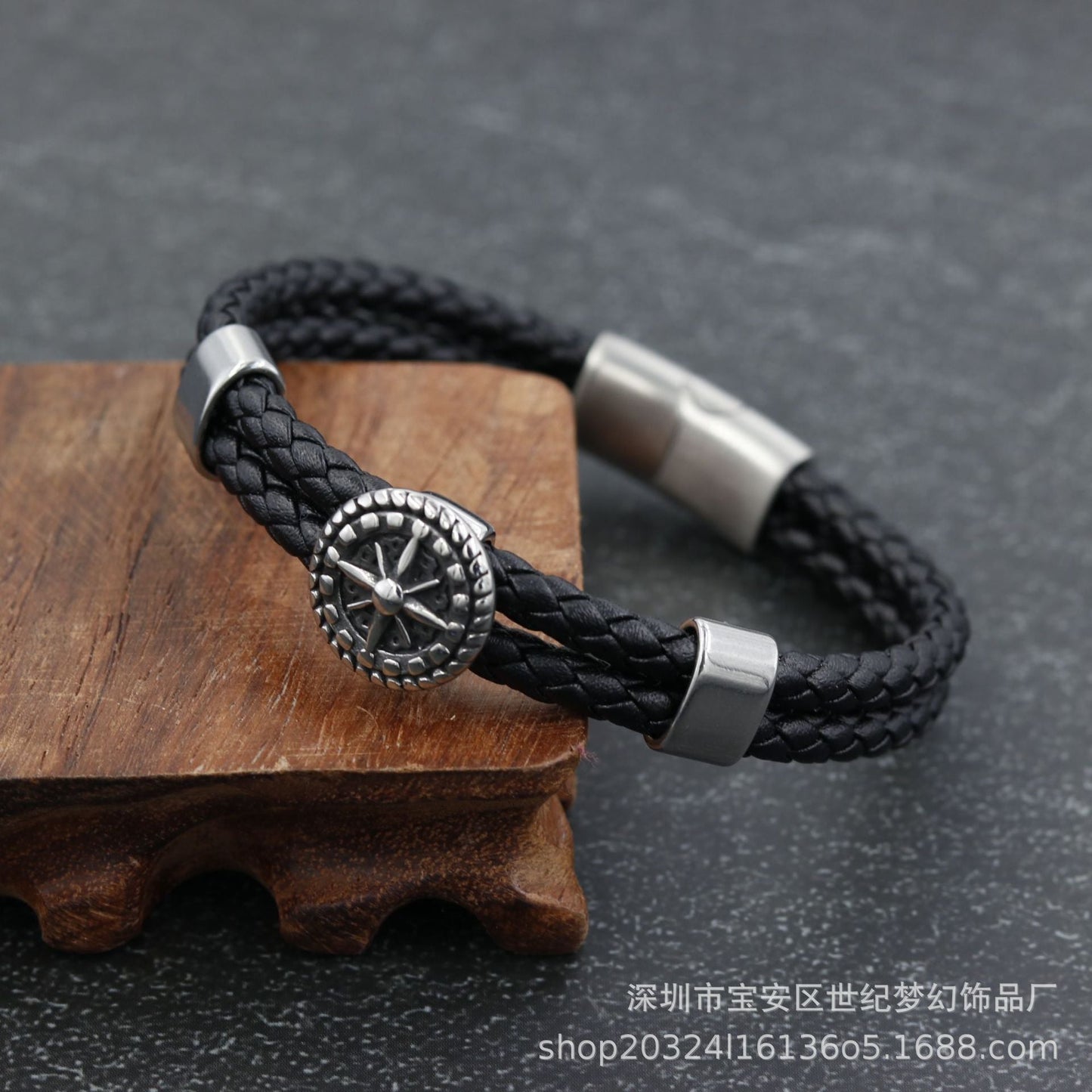 Bracelet Stainless Steel Navy Anchor Braided Leather Cord SJMH003