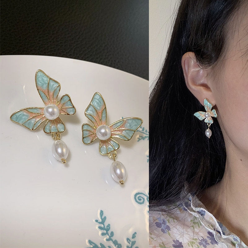 Alloy Pink Green Butterfly Pearl Earrings MIC-XinXu024