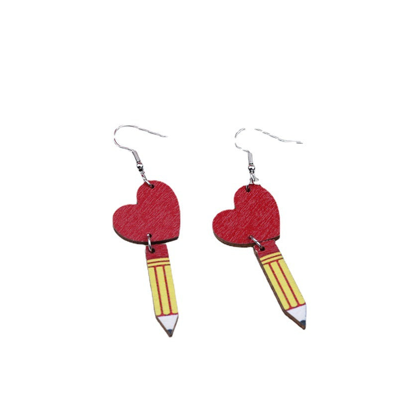 Teacher's Day Heart Hollow Wooden Earrings