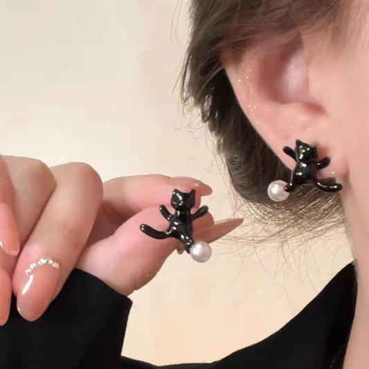 Alloy black cat pearl earrings MIC-BeiY002