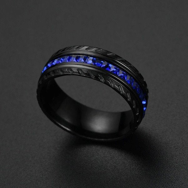 Stainless Steel Black Blue Cubic Zirconia Ring TS045