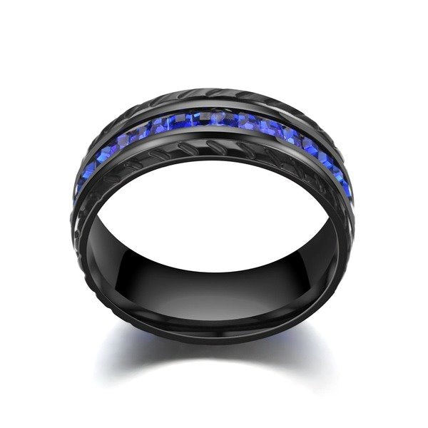 Stainless Steel Black Blue Cubic Zirconia Ring TS045