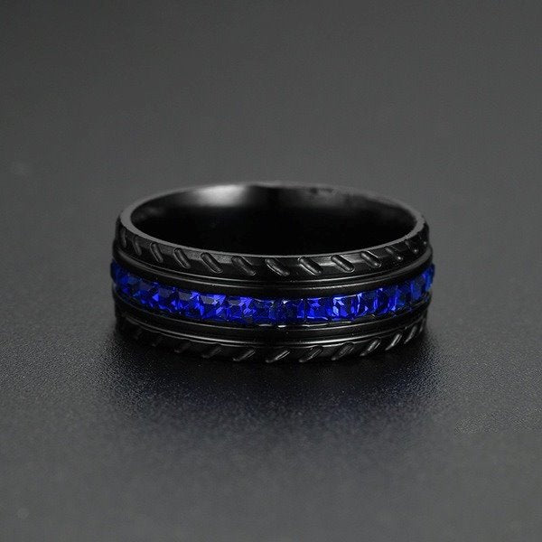 Stainless Steel Black Blue Cubic Zirconia Ring TS045