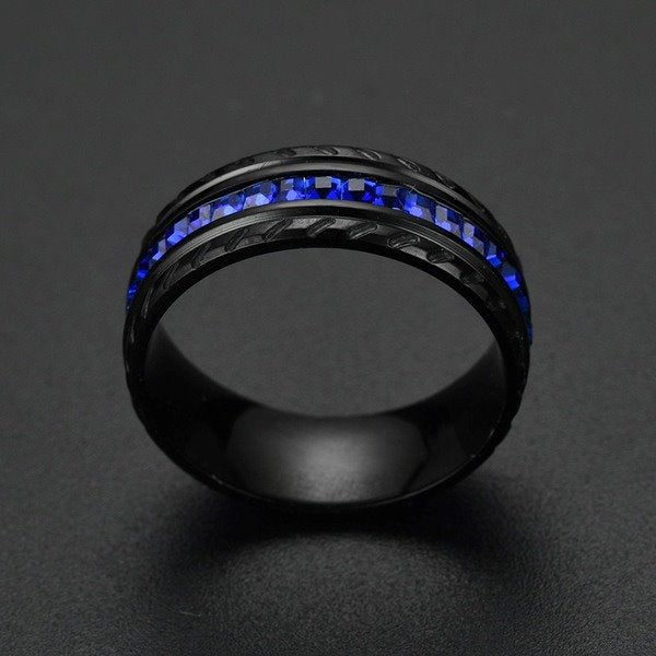 Stainless Steel Black Blue Cubic Zirconia Ring TS045