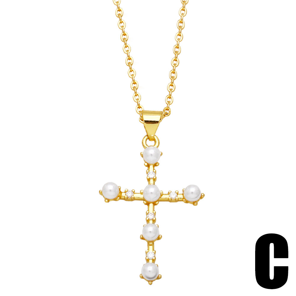 Alloy Pearl Cross Necklace MYA002NE006