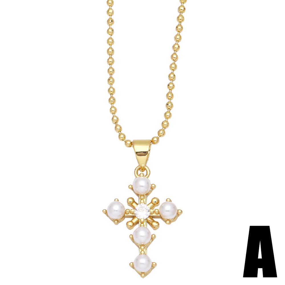 Alloy Pearl Cross Necklace MYA002NE007