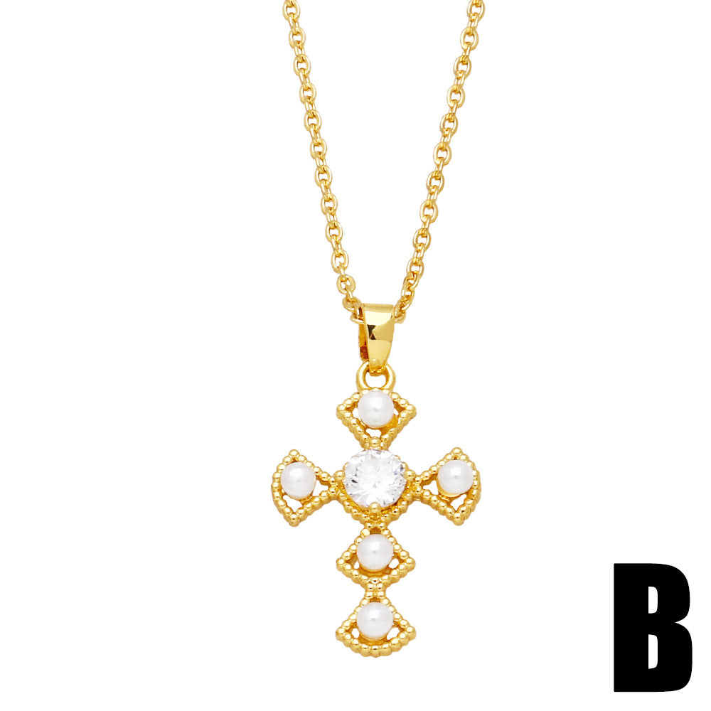 Alloy Pearl Cross Necklace MYA002NE006