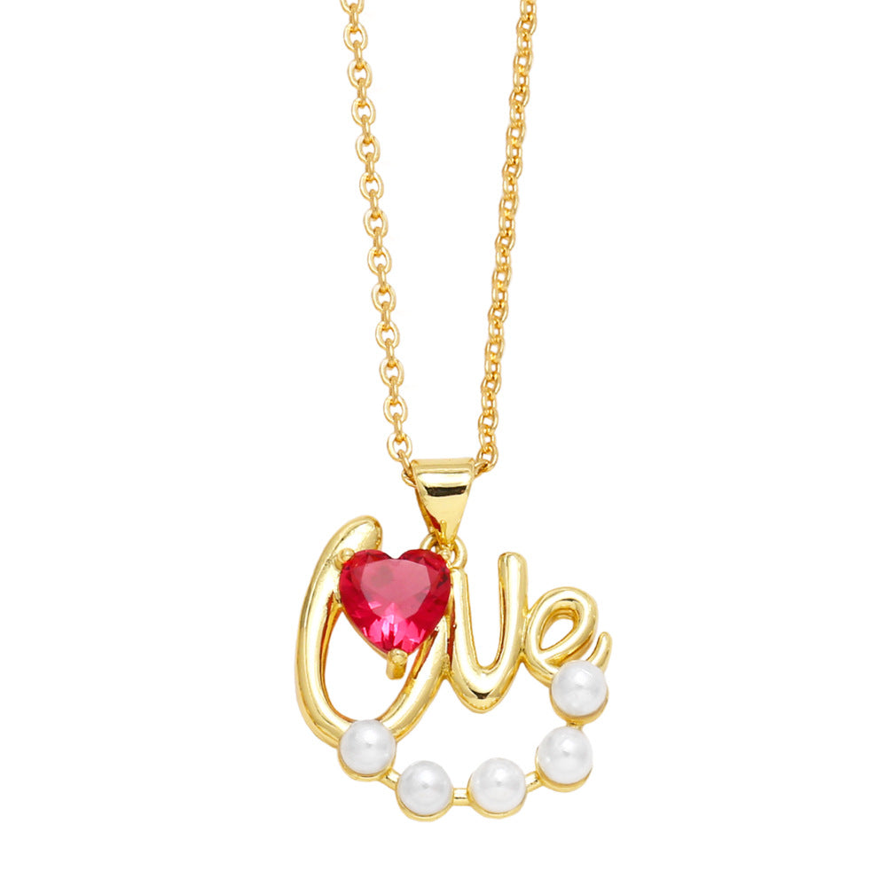 Alloy pearl studded diamond love necklace MYA002NE060