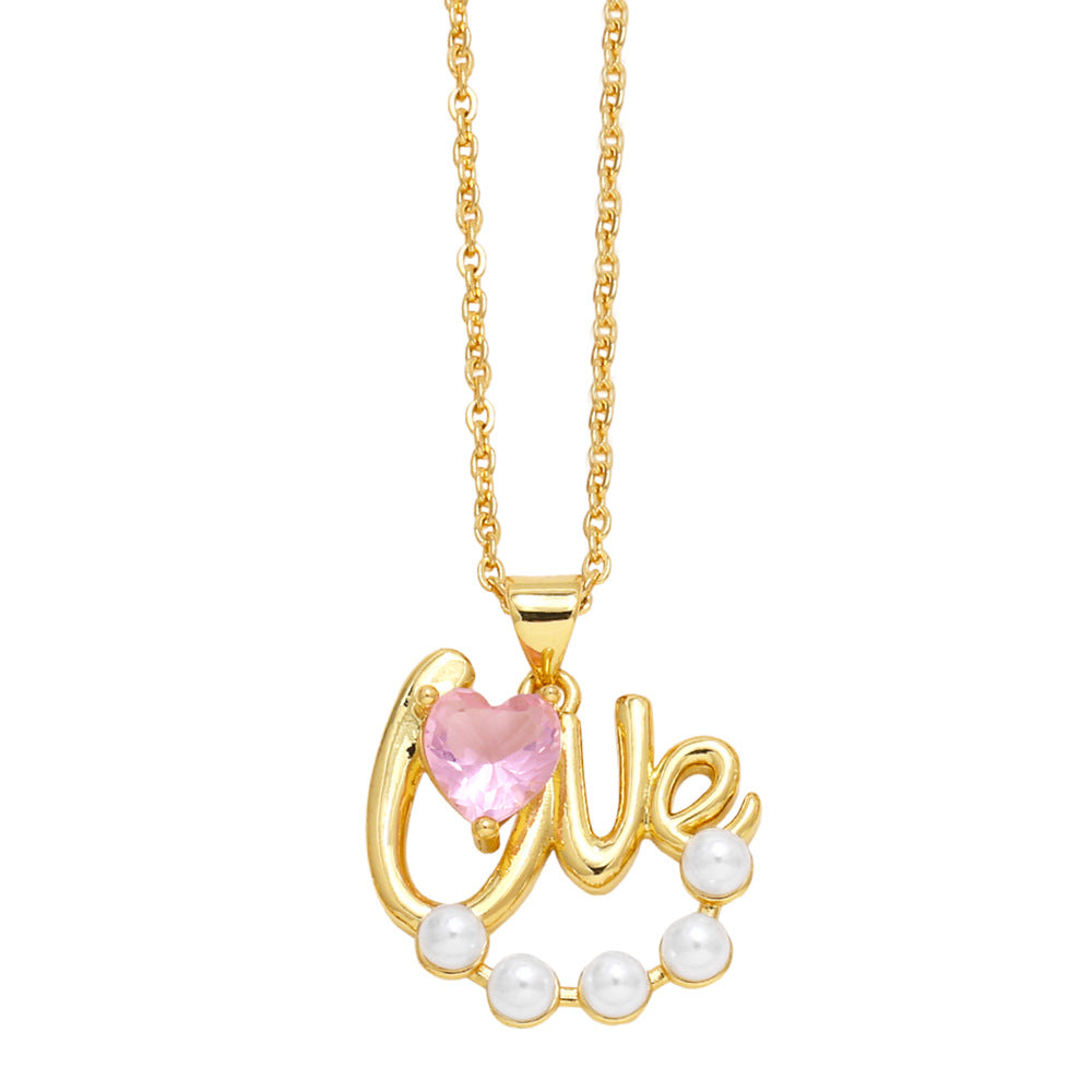 Alloy pearl studded diamond love necklace MYA002NE060