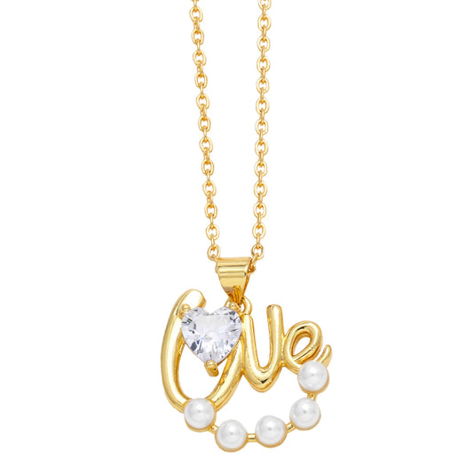 Alloy pearl studded diamond love necklace MYA002NE060